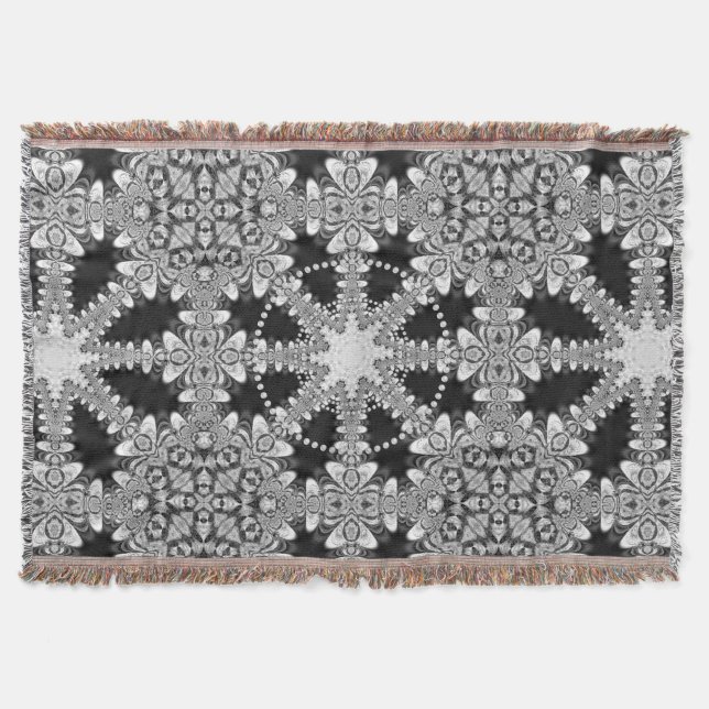 Silver + Black Arabesque Geometric Mandala Blanket Decke (Vorderseite)