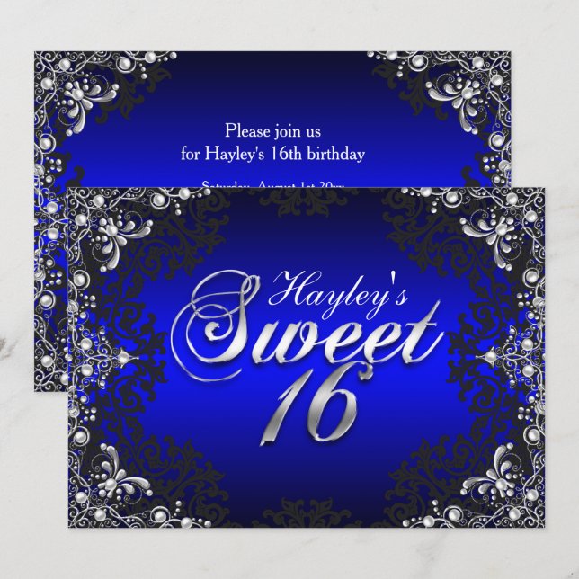 Silver Black Blue Pearl Damask Sweet 16 Einladung (Vorne/Hinten)