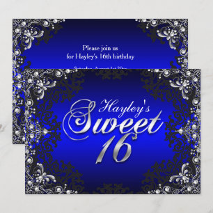 Silver Black Blue Pearl Damask Sweet 16 Invitation