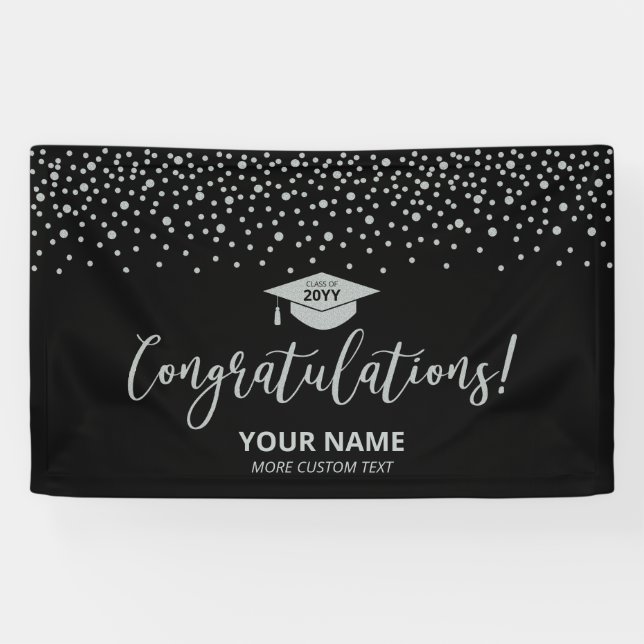 Silver & Black Confetti Gratulation Abschluss Banner (Horizontal)