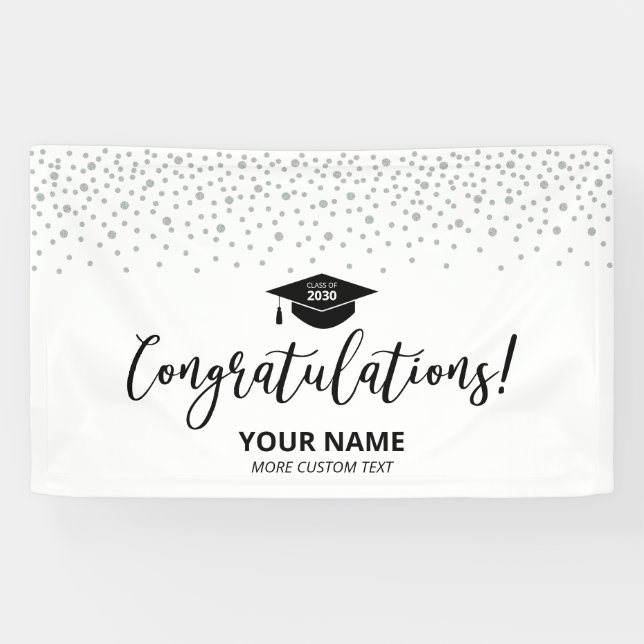 Silver & Black Confetti Gratulation Abschluss Banner (Horizontal)