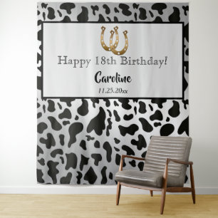 Silver & Black Cow Spots & Gold Horseshoe Geburtst Wandteppich