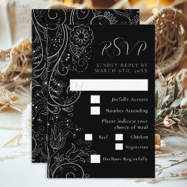 Silver Black Elegant Floral Wedding Meal Choice RSVP Karte