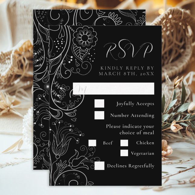Silver Black Elegant Floral Wedding Meal Choice RSVP Karte (Von Creator hochgeladen)