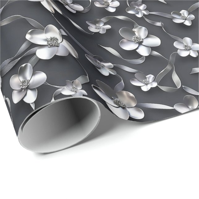 Silver Black Floral 25. Hochzeitstag Geschenkpapier (Rolleneckpunkt)