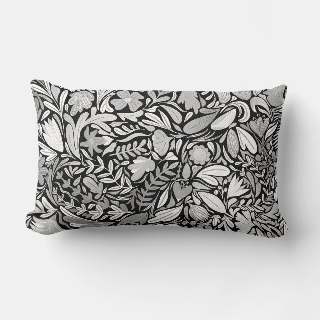 Silver Black Floral Blätter Illustration Muster Lendenkissen (Vorderseite)