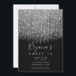 Silver & Black Funkelnd Glitzer Sweet 16 Party Einladung<br><div class="desc">Anpassen für jedes Ereignis</div>
