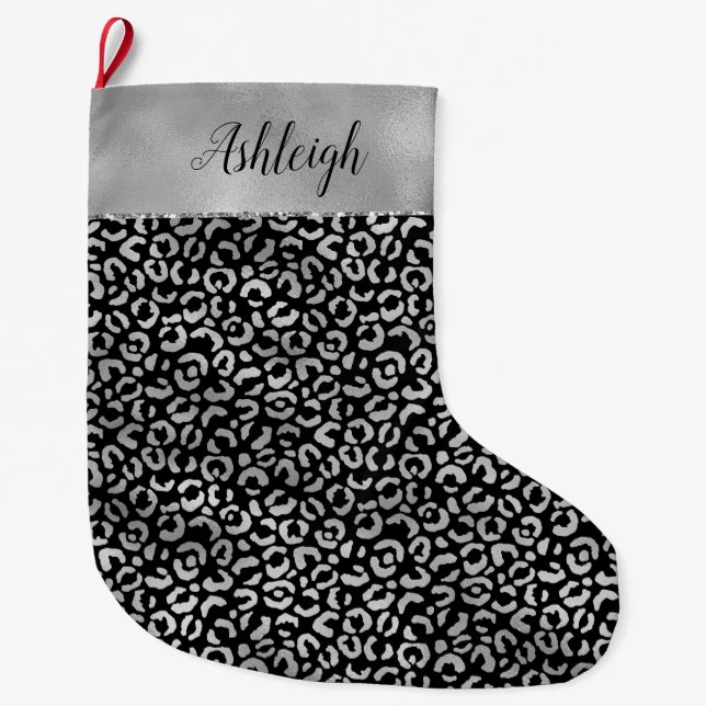 Silver Black Glam Leopard Print Großer Weihnachtsstrumpf (Vorderseite)