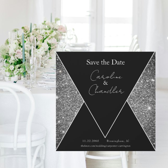 Silver & Black Glam Wedding speichern Sie das Datu Magnetkarte (Von Creator hochgeladen)