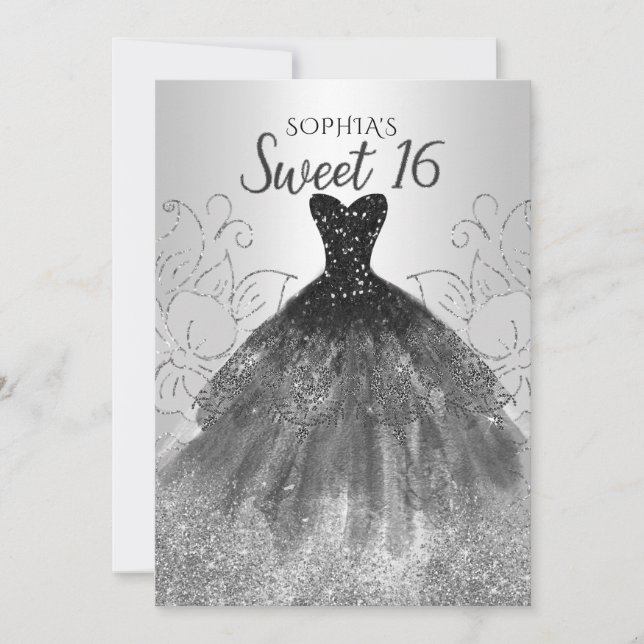 Silver Black Glitzer Dress Sweet 16 Geburtstag Einladung (Vorderseite)