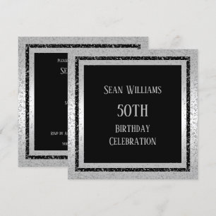 Silver & Black Glitzer Gerahmt Man's 50. Geburtsta Einladung