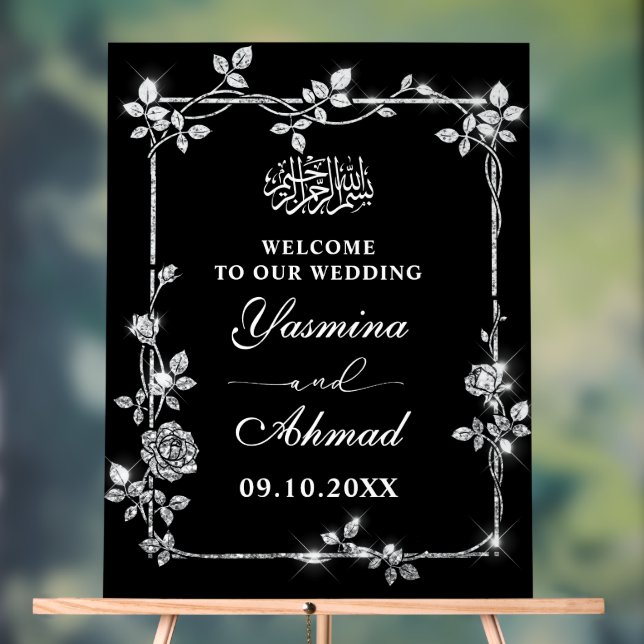 Silver Black Glitzer Nikah Muslim Wedding Willkomm Acrylschild (Neutral)