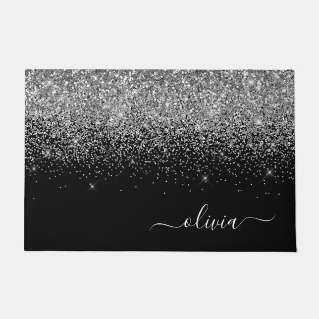 Silver Black Glitzer Script Monogram Girenname Fußmatte (Vorderseite)