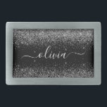 Silver Black Glitzer Script Monogram Girenname Rechteckige Gürtelschnalle<br><div class="desc">Schwarz und Silber Sparkle Glitzer Script Monogram Name Gürtelschnalle. Das macht den perfekten Abschluss,  süß 16 16.,  18.,  21.,  30.,  40.,  50.,  60.,  70.,  80.,  90.,  100. Geburtstag,  Hochzeit,  Brautparty,  Jubiläum,  Babydusche oder Junggeselinnen-Abschied Geschenk für jemanden,  der Luxus und Chic Stil Lieben glänze.</div>