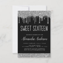 Silver Black Glitzer Sparkle Elegant Sweet 16