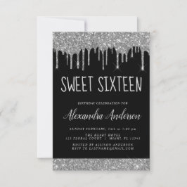 Silver Black Glitzer Sparkle Elegant Sweet 16 Einladung
