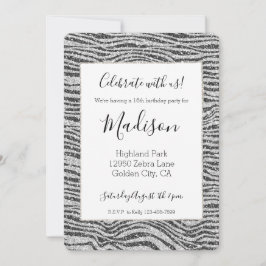 Silver Black Glitzy Zebra Print Glitzer Einladung