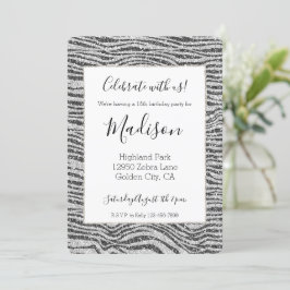 Silver Black Glitzy Zebra Print Glitzer Einladung