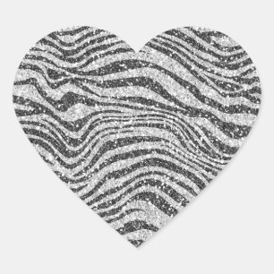 Silver Black Glitzy Zebra Print Glitzer Herz-Aufkleber