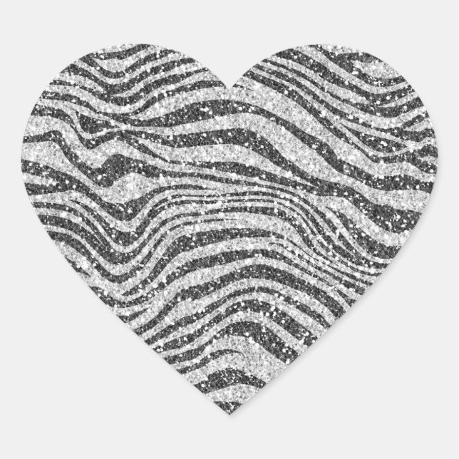 Silver Black Glitzy Zebra Print Glitzer Herz-Aufkleber (Vorderseite)