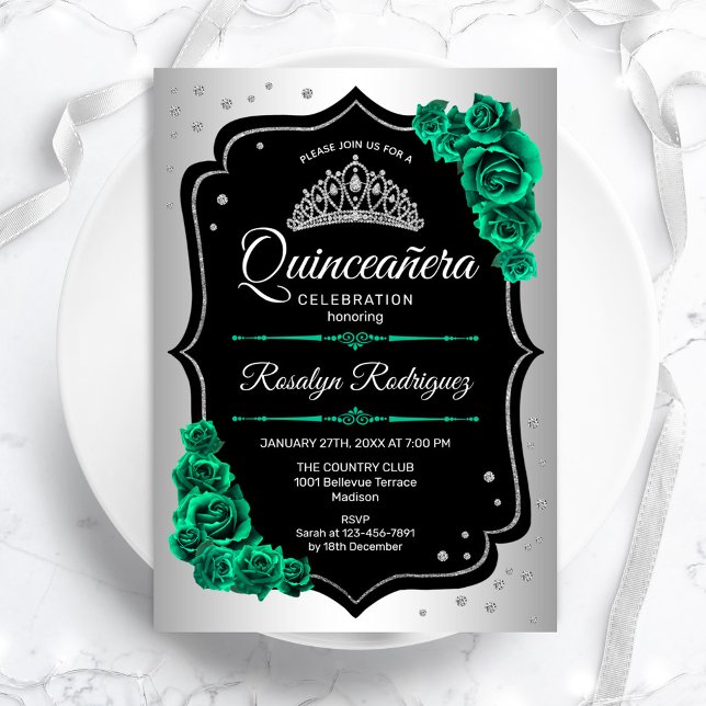 Silver Black Green Quinceanera Einladung (Von Creator hochgeladen)