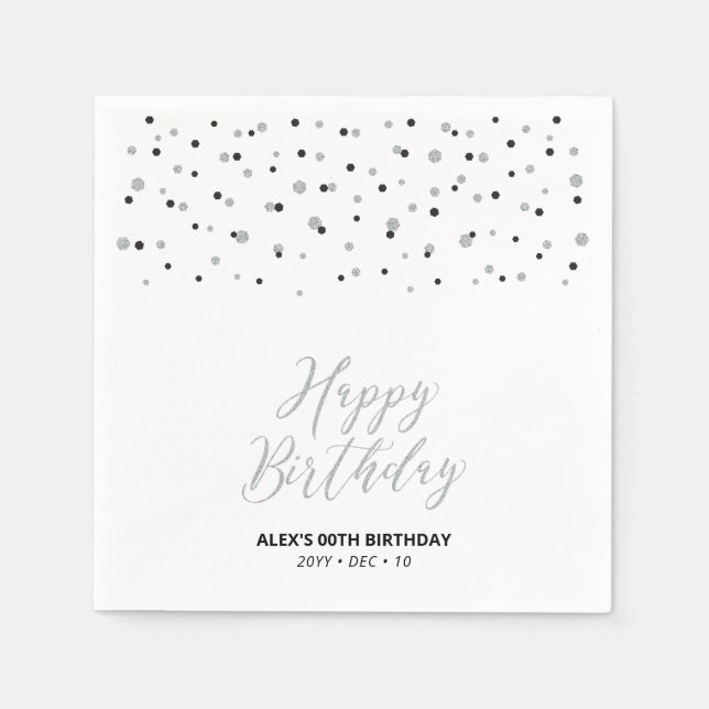 Silver & Black Hexagon Confetti Happy Geburtstag Serviette (Vorderseite)