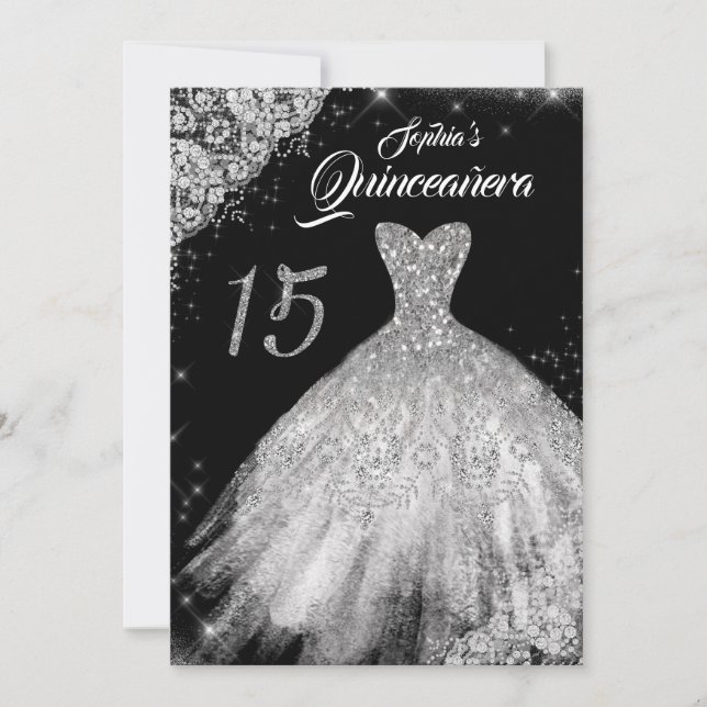 Silver Black Lace Diamond Sparkle Gown Quinceanera Einladung (Vorderseite)