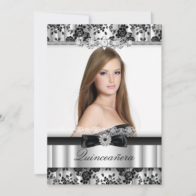 Silver & Black Lace Photo Quinceanera Invitation (Devant)