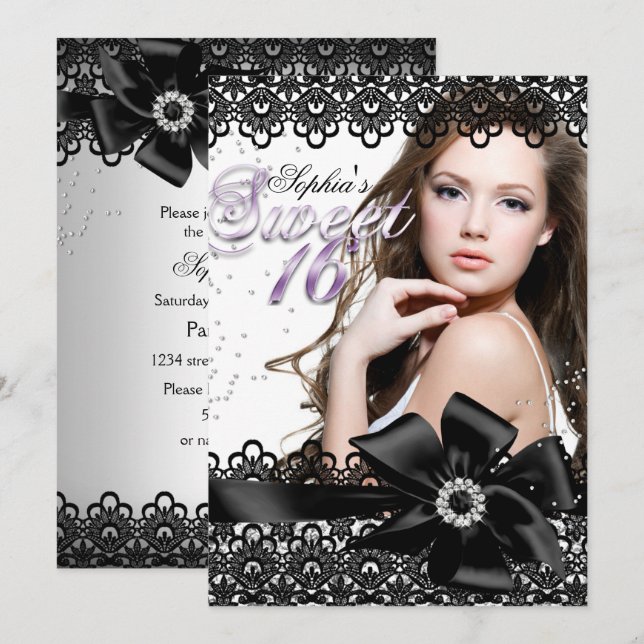 Silver Black Lila Lace Foto Sweet 16 Einladung (Vorne/Hinten)