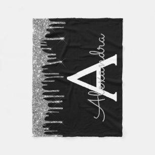 Silver Black Luxe Glitzer Glam Monogram Name Fleecedecke