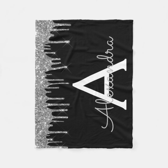 Silver Black Luxe Glitzer Glam Monogram Name Fleecedecke (Vorderseite)