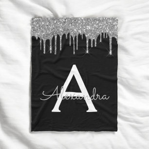 Silver Black Luxe Glitzer Glam Monogram Name Fleecedecke