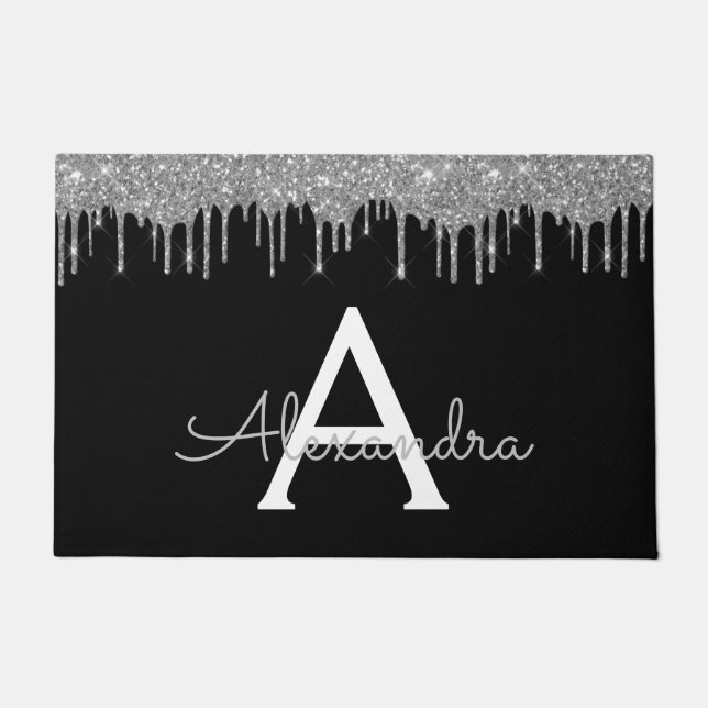 Silver Black Luxe Glitzer Glam Monogram Name Fußmatte (Vorderseite)