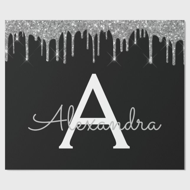 Silver Black Luxe Glitzer Glam Monogram Name Geschenkpapier (Flach)
