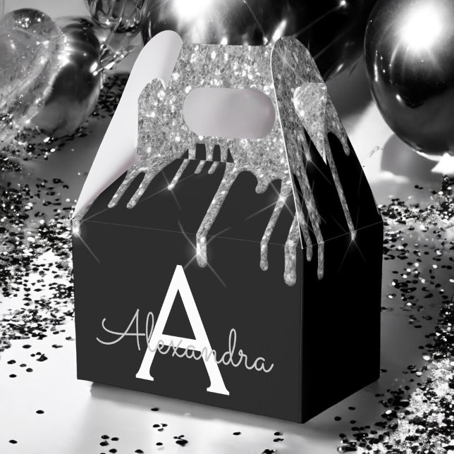 Silver Black Luxe Glitzer Glam Monogram Name Geschenkschachtel (Von Creator hochgeladen)