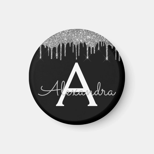 Silver Black Luxe Glitzer Glam Monogram Name Magnet (Vorne)