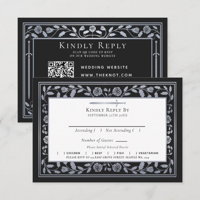 Silver Black Medieval Sword Wedding RSVP QR Code Begleitkarte (Vorne/Hinten)