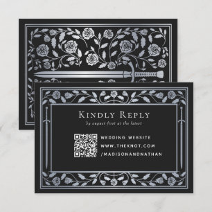 Silver Black Medieval Sword Wedding RSVP QR Code Begleitkarte