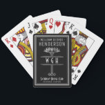 Silver Black Mit Monogramm Luxe Personalisierter N Spielkarten<br><div class="desc">Dieses Vintag inspirierte Art Déco Design in Schwarz und Imitat Silber umfasst ein blühendes und geometrisches Dekorthema und Platz für Ihren Namen,  3 Monogramm Buchstaben,  Kartenklub und Position - oder jeden gewollt Text. Dieses elegante Kartendeck hat einen luxuriösen,  antiken Look. Verwenden Sie die einfachen Vorlagen,  um Ihren Text hinzuzufügen.</div>