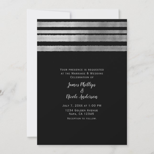Silver & Black Modern Chic Elegante Hochzeit Einladung (Vorderseite)