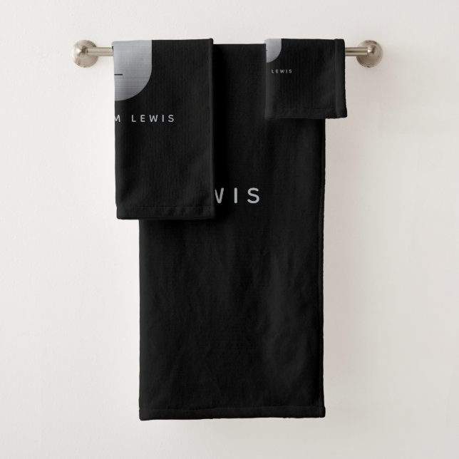 Silver & Black Monogram Modern Minimalistisch Badhandtuch Set (Insitu)