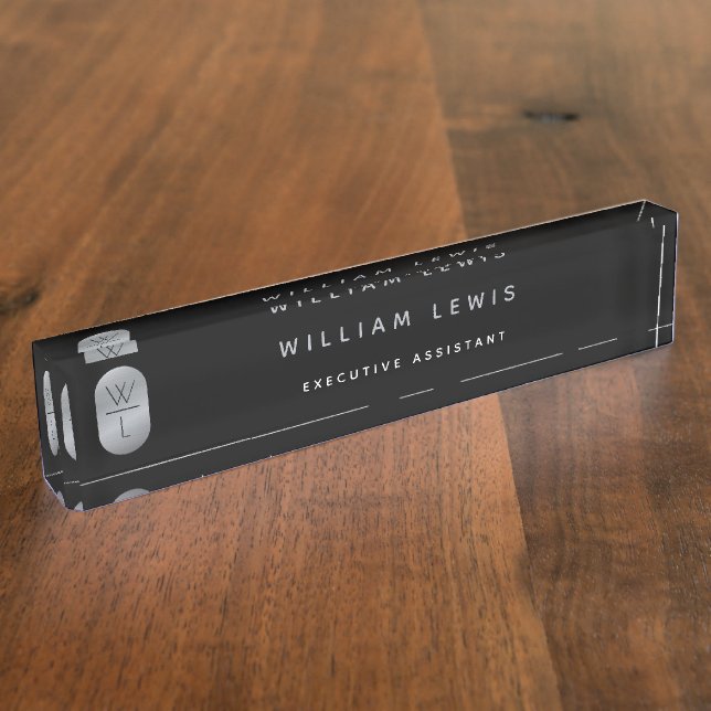 Silver & Black Monogram Modern Minimalistisch Namensplakette (Seite)