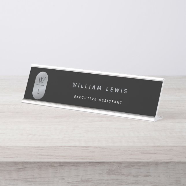 Silver & Black Monogram Modern Minimalistisch Schreibtischnamensplakette (Vorderseite )