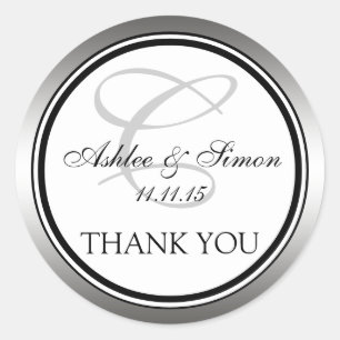 Silver Black Monogram Wedding Danke Runder Aufkleber