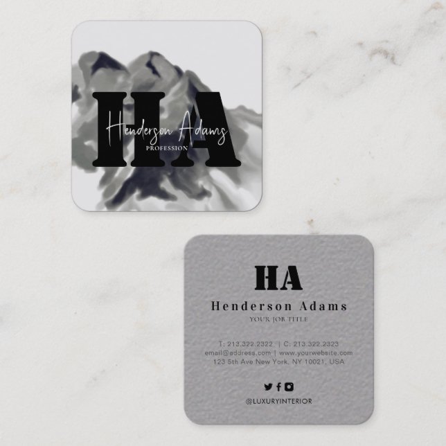 Silver Black Mountains Abstrakt Signature Monogram Quadratische Visitenkarte (Vorne/Hinten)