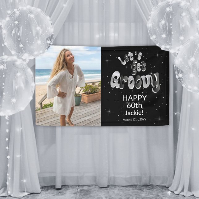 Silver Black Retro Groovy 60th Birthday Photo Banner (Von Creator hochgeladen)