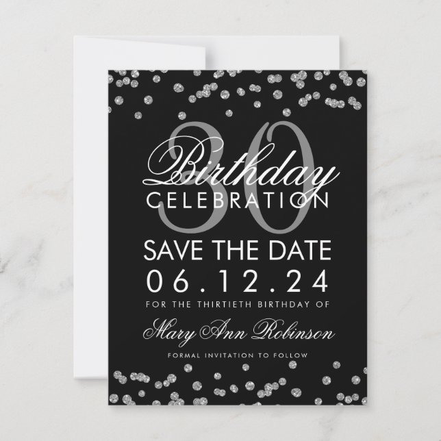 Silver Black Save the Date Birthday Confetti (Vorderseite)