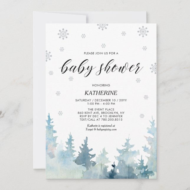 Silver & Black Snowflake Winterwald Kinderdusche Einladung (Vorderseite)
