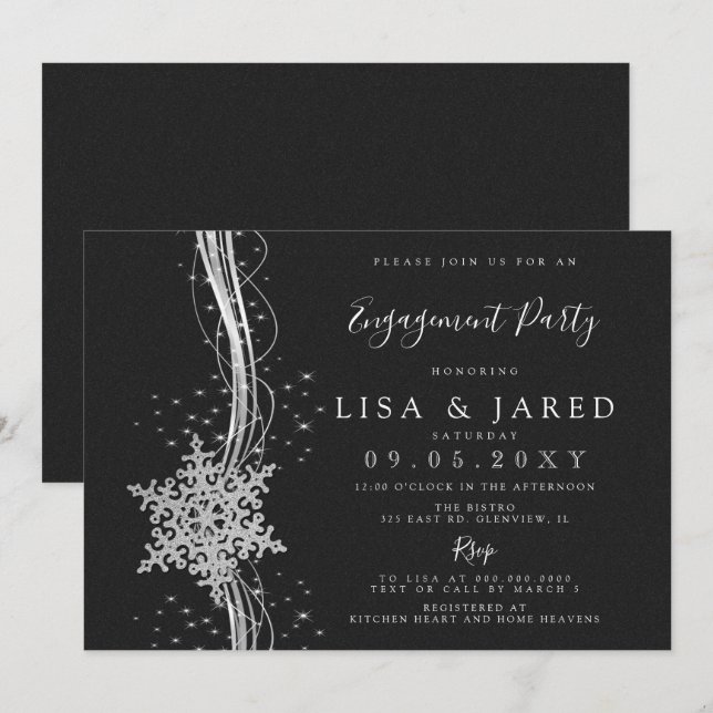 Silver Black Snowflakes Winter Engagement Party Einladung (Vorne/Hinten)