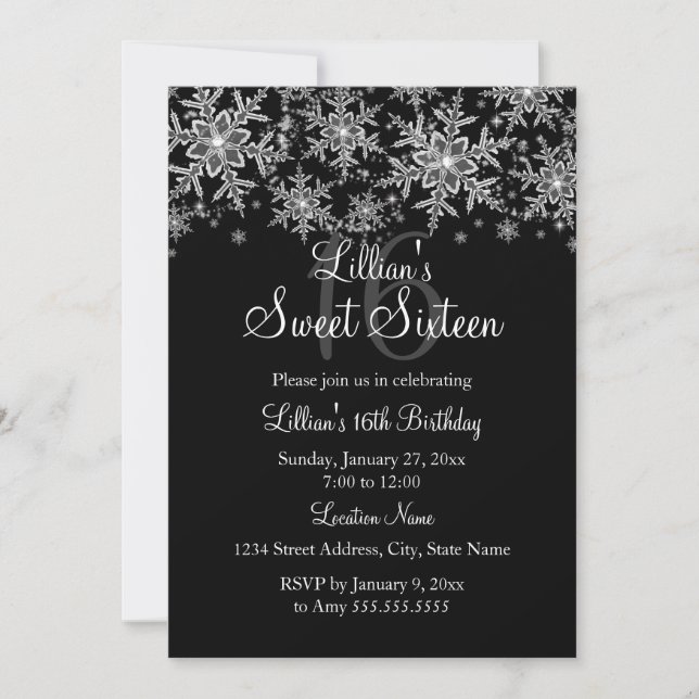 Silver & Black Sparkle Snowflake Sweet 16 Einladun Einladung (Vorderseite)